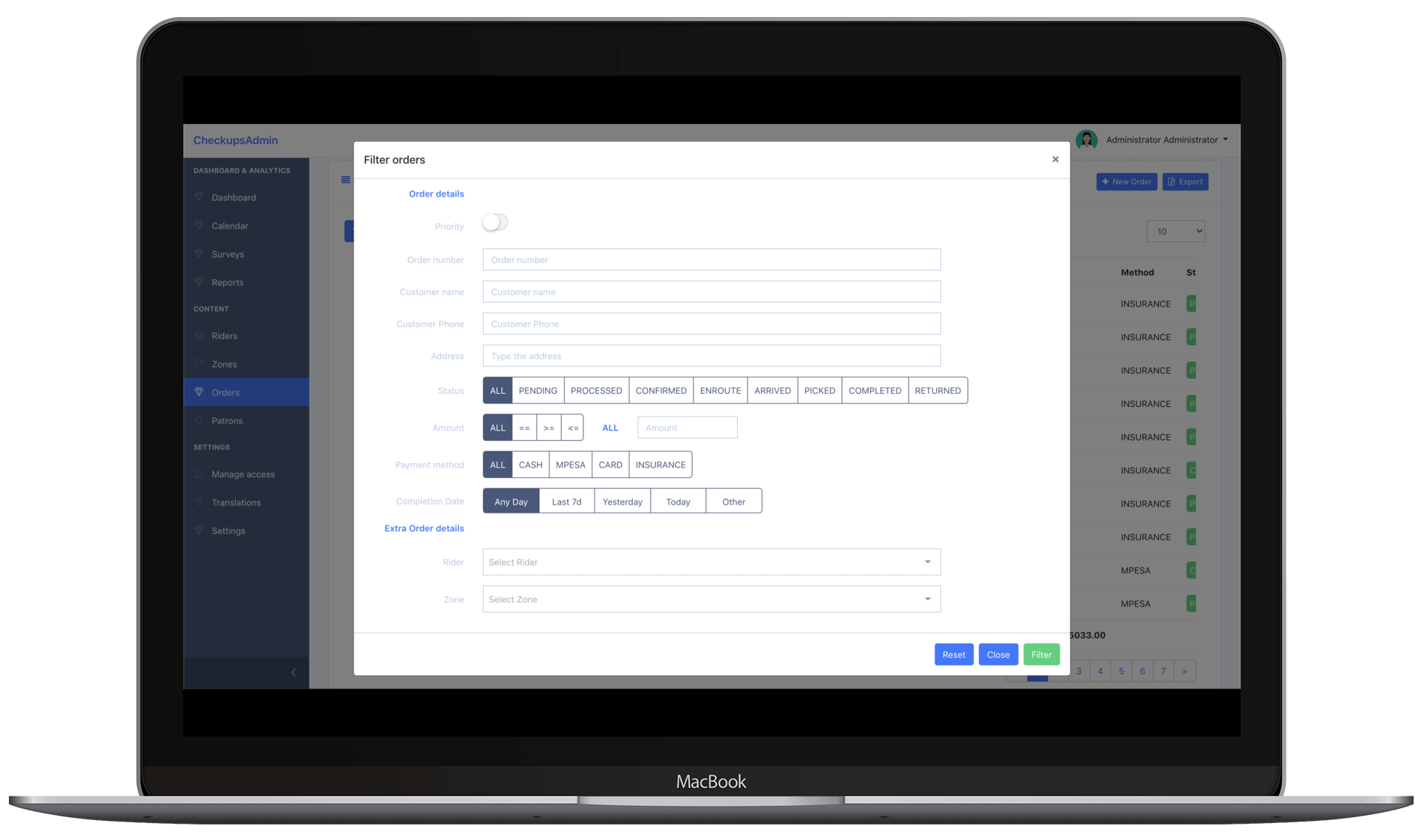 Checkups Filter Order List